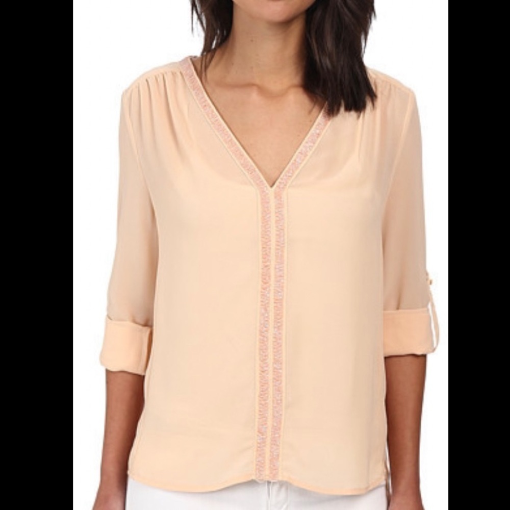 Christin Michaels Sheer Peach Blouse with Beaded embellishment. Size M.